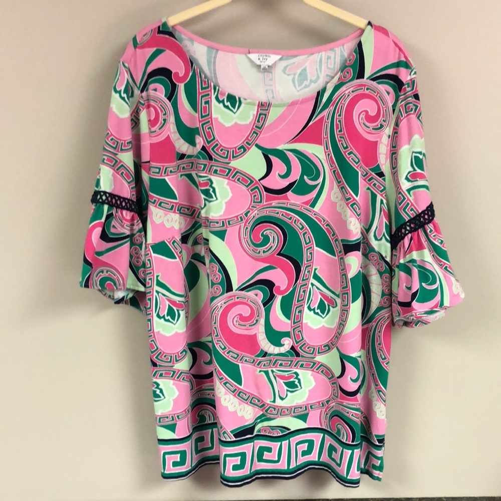 Crown & Ivy flare detailed sleeve paisley print stretch shirt 1x